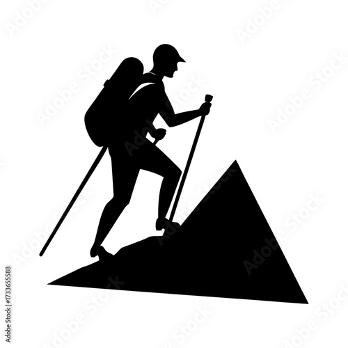 Silhouette of a hiker with backpack climbing a mountain with trekking poles up hill