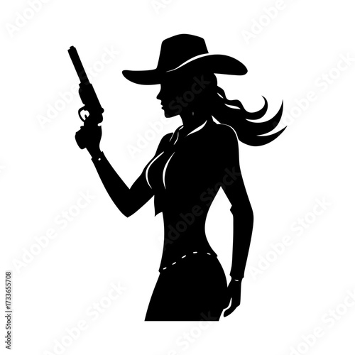 Silhouette of a cowgirl with a hat holding a gun in a side profile view pose