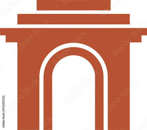 A stylized illustration of the India Gate monument in New Delhi, India, rendered in a warm terracotta color.