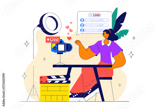 Dynamic creator broadcasting live content with ring light and camera setup, engaging audience with vibrant energy and modern streaming tools