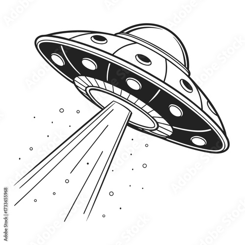 Flying saucer emitting a bright beam of light alien