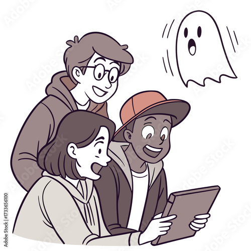 Friends watching a ghost on a tablet group screen