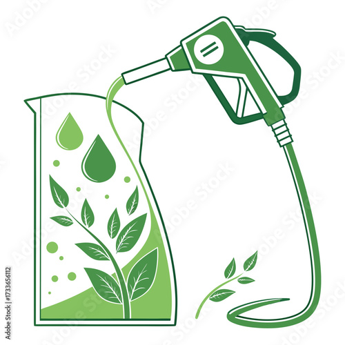 Fuel nozzle pouring biofuel into beaker with plant on white background Keywords: fuel nozzle