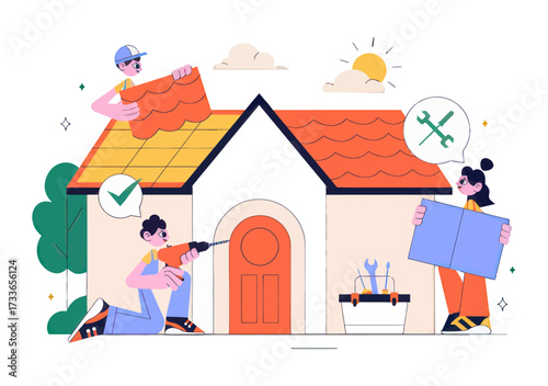 Creative team collaborating on house renovation project, installing roof tiles and drilling for home improvement, symbolizing teamwork and construction success with tools and blueprints.