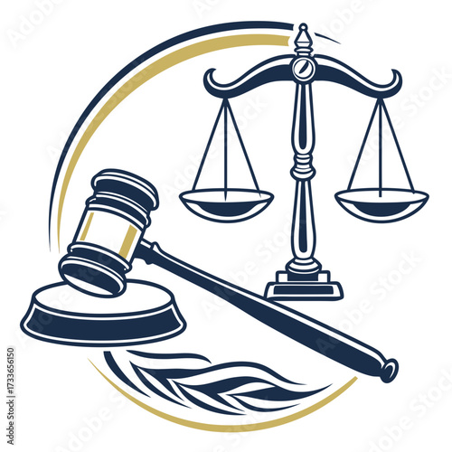 Gavel and scales of justice emblem with decorative elements