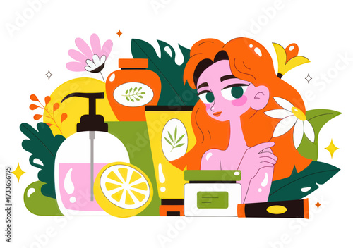 Vibrant illustration of a radiant woman surrounded by natural skincare products and botanicals, embodying self care and organic beauty.