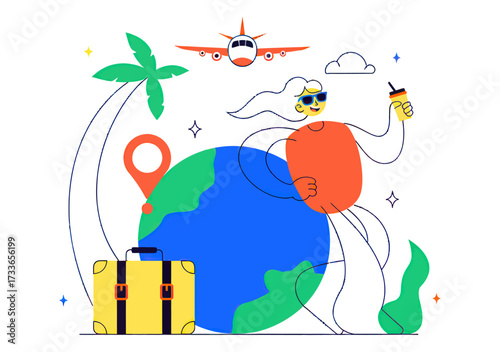 Embark on a global adventure with a vibrant character, suitcase, and airplane, embodying the excitement of travel and exploration.