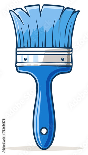 Blue paint brush cartoon illustration with handle, bristle, art supply for painting wall decoration, dye color.
