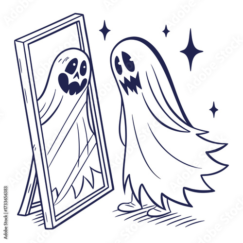 Ghost looking in mirror with sparkling stars reflection