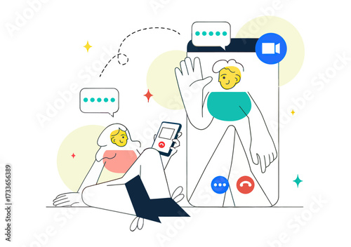 Joyful remote connection as two friends chat digitally via video call, sharing smiles and messages, fostering modern communication and friendship across distances with vibrant, engaging style
