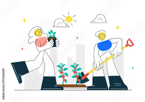 Joyful duo cultivating a thriving garden together under a bright sunny sky symbolizing growth, teamwork, and a sustainable future