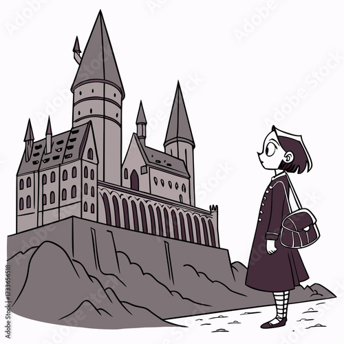 Girl in uniform looks at a fantasy castle on white background Keywords: girl, child, young