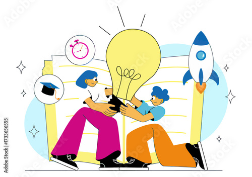 Dynamic duo sparks brilliant idea, launching innovation forward with learning and ambition, symbolizing startup success and collaborative achievement.