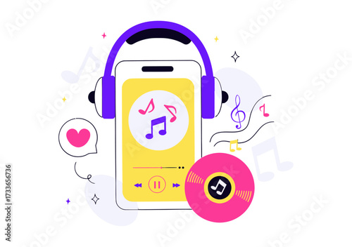 Immerse yourself in vibrant sound with a smartphone, headphones, and iconic music notes dancing around a bright, playful scene