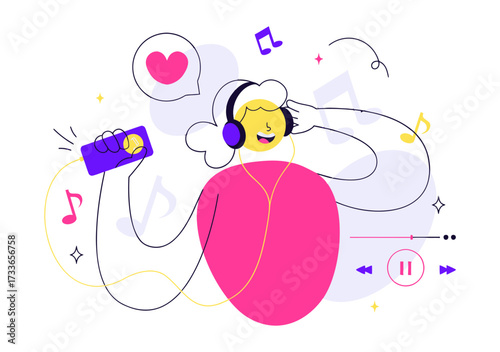 Vibrant character joyfully listening to music on headphones with animated sound waves and a heart symbol, capturing the pure bliss of auditory enjoyment and digital entertainment.