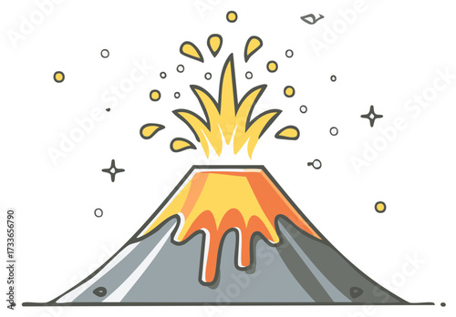 Cute Cartoon Volcano Erupting with Bursting Lava and Ash
