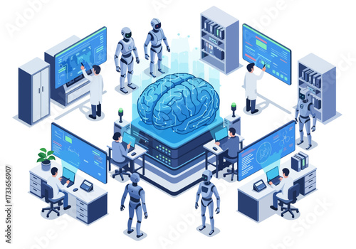 Isometric illustration of artificial intelligence research with scientists, robots, and a digital brain, symbolizing AI development, machine learning, robotics, neural networks, and technology