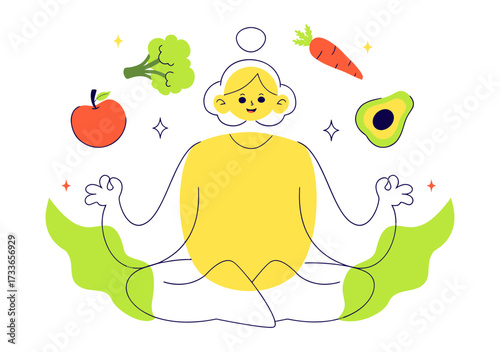 Whimsical illustration of mindful wellness with floating fruits and vegetables surrounding a meditating figure, promoting healthy eating habits and a balanced lifestyle in a fun and engaging way