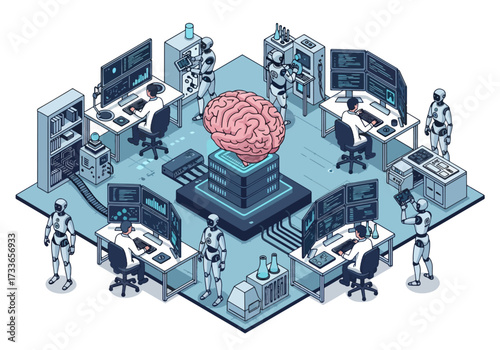Isometric illustration of artificial intelligence research with scientists, robots, and a digital brain, symbolizing AI development, machine learning, robotics, neural networks, and technology