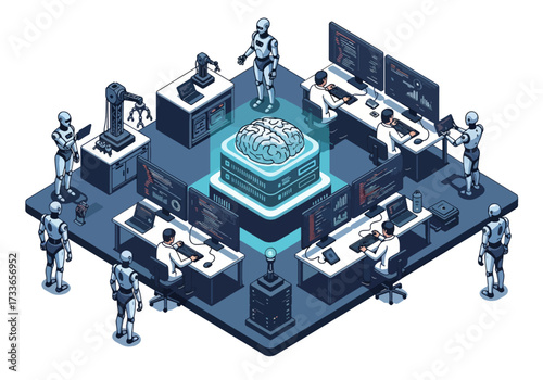 Isometric illustration of artificial intelligence research with scientists, robots, and a digital brain, symbolizing AI development, machine learning, robotics, neural networks, and technology