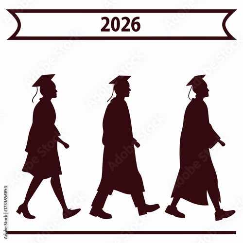 Graduation silhouettes walking with 2026 banner students