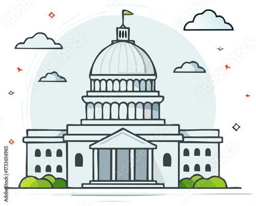 Government Capitol Building Illustration with Clouds and Geometric Accent Shapes, Representation of Power and Governance