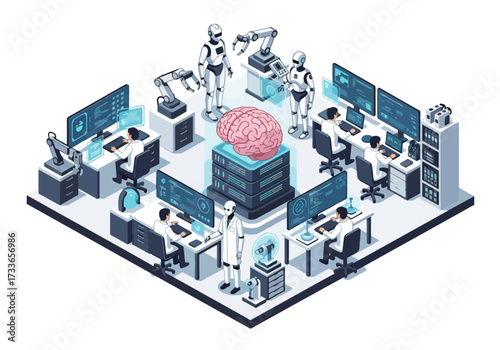 Isometric illustration of artificial intelligence research with scientists, robots, and a digital brain, symbolizing AI development, machine learning, robotics, neural networks, and technology