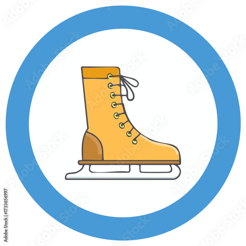 Simple yellow ice skate vector icon in a blue circle for winter sports and recreational activity