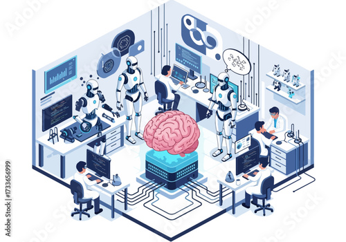 Isometric illustration of artificial intelligence research with scientists, robots, and a digital brain, symbolizing AI development, machine learning, robotics, neural networks, and technology