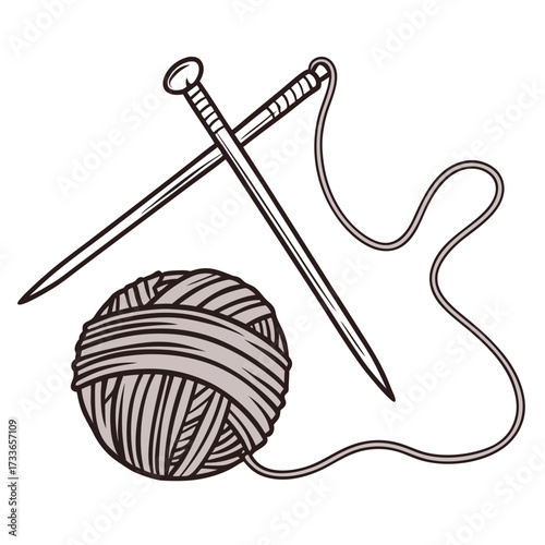 Gray yarn ball with crossed knitting needles and trailing thread Keywords: knitting, yarn, ball
