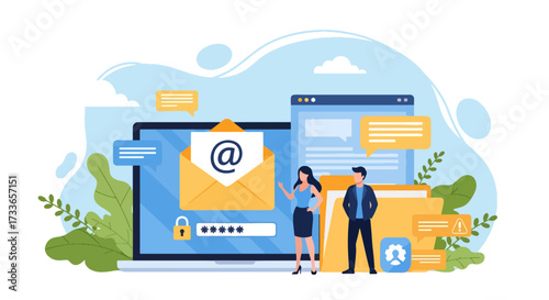 Flat illustration of email security with people, laptop, envelope, lock, and password, symbolizing data protection, safe communication, online privacy, and cybersecurity in business and personal use