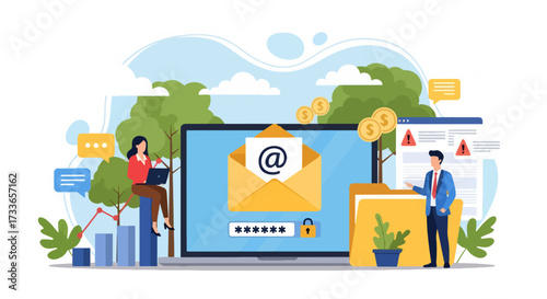 Flat illustration of email security with people, laptop, envelope, lock, and password, symbolizing data protection, safe communication, online privacy, and cybersecurity in business and personal use