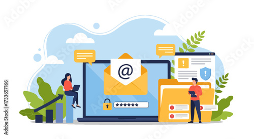 Flat illustration of email security with people, laptop, envelope, lock, and password, symbolizing data protection, safe communication, online privacy, and cybersecurity in business and personal use