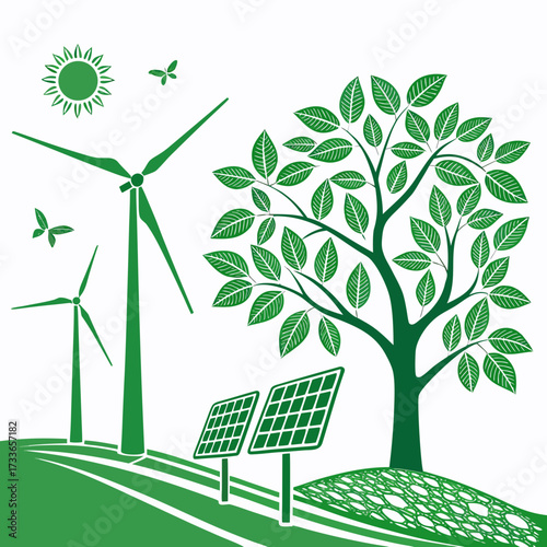 Green energy landscape with wind turbines and solar panels