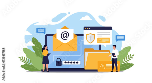 Flat illustration of email security with people, laptop, envelope, lock, and password, symbolizing data protection, safe communication, online privacy, and cybersecurity in business and personal use