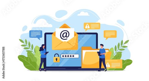 Flat illustration of email security with people, laptop, envelope, lock, and password, symbolizing data protection, safe communication, online privacy, and cybersecurity in business and personal use