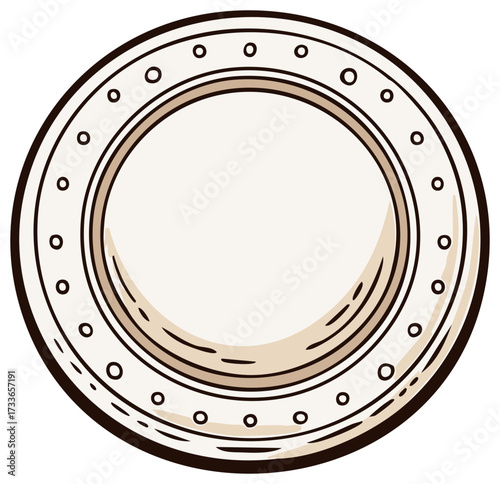 Round vintage plate illustration with decorative detailing on a neutral background.
