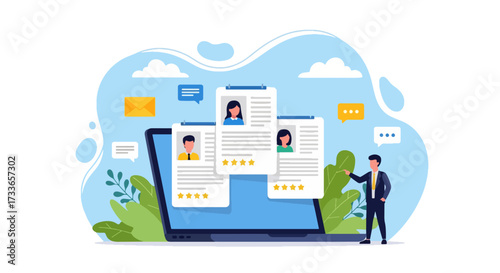 Flat illustration of online recruitment with HR manager reviewing resumes on a laptop, symbolizing hiring, career opportunities, digital recruitment, and modern human resources management strategies