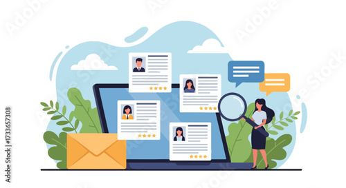 Flat illustration of online recruitment with HR manager reviewing resumes on a laptop, symbolizing hiring, career opportunities, digital recruitment, and modern human resources management strategies