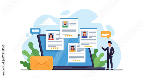 Flat illustration of online recruitment with HR manager reviewing resumes on a laptop, symbolizing hiring, career opportunities, digital recruitment, and modern human resources management strategies