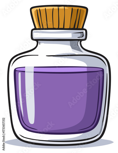 Glass vial with cork stopper filled with purple liquid