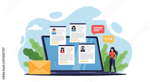 Flat illustration of online recruitment with HR manager reviewing resumes on a laptop, symbolizing hiring, career opportunities, digital recruitment, and modern human resources management strategies