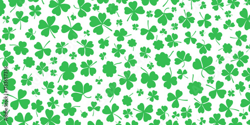 Shamrock or green clover leaves pattern background flat design vector illustration. St Patrick Day shamrock symbols decorative elements horizontal pattern texture.