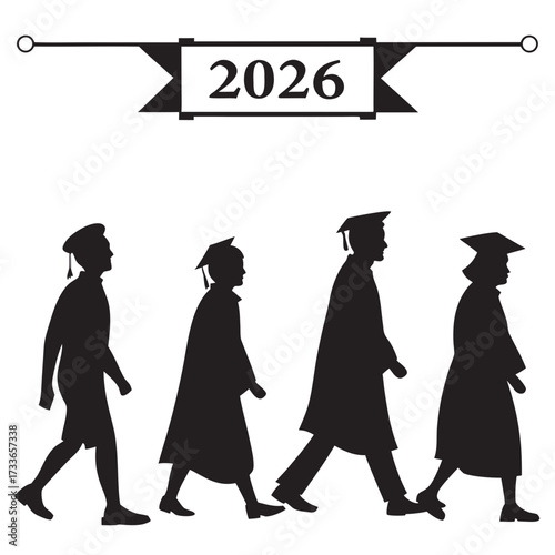 Group of graduates walking with 2026 banner graduation