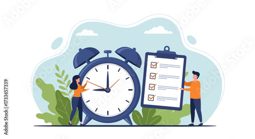 Flat illustration of time management with a large clock, checklist, and people organizing tasks, symbolizing productivity, planning, efficiency, and effective work-life balance strategies