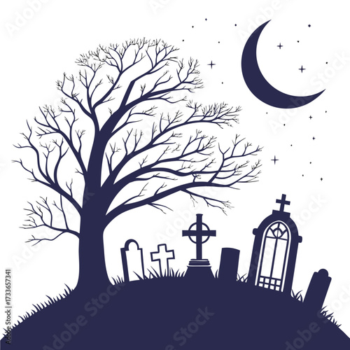 Halloween cemetery silhouette with ornate tomb and Celtic cross