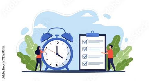 Flat illustration of time management with a large clock, checklist, and people organizing tasks, symbolizing productivity, planning, efficiency, and effective work-life balance strategies