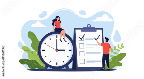 Flat illustration of time management with a large clock, checklist, and people organizing tasks, symbolizing productivity, planning, efficiency, and effective work-life balance strategies