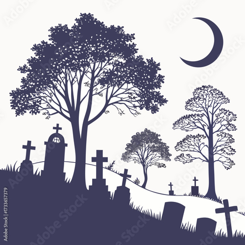 Halloween cemetery scene with crescent moon and silhouetted trees