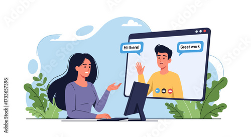 Flat style illustration of two people in an online video chat, symbolizing remote communication, teamwork, feedback, digital collaboration, and virtual meetings in modern work and education